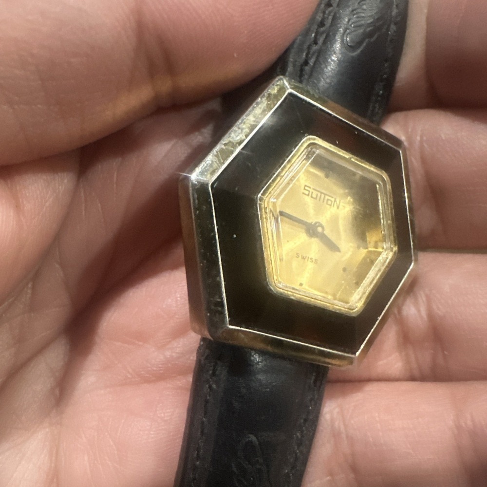 VTG Rare Sutton Swiss Hexagonal Manual Wind Ladies Watch 35mm Black Fits 7.75 - Picture 5 of 16